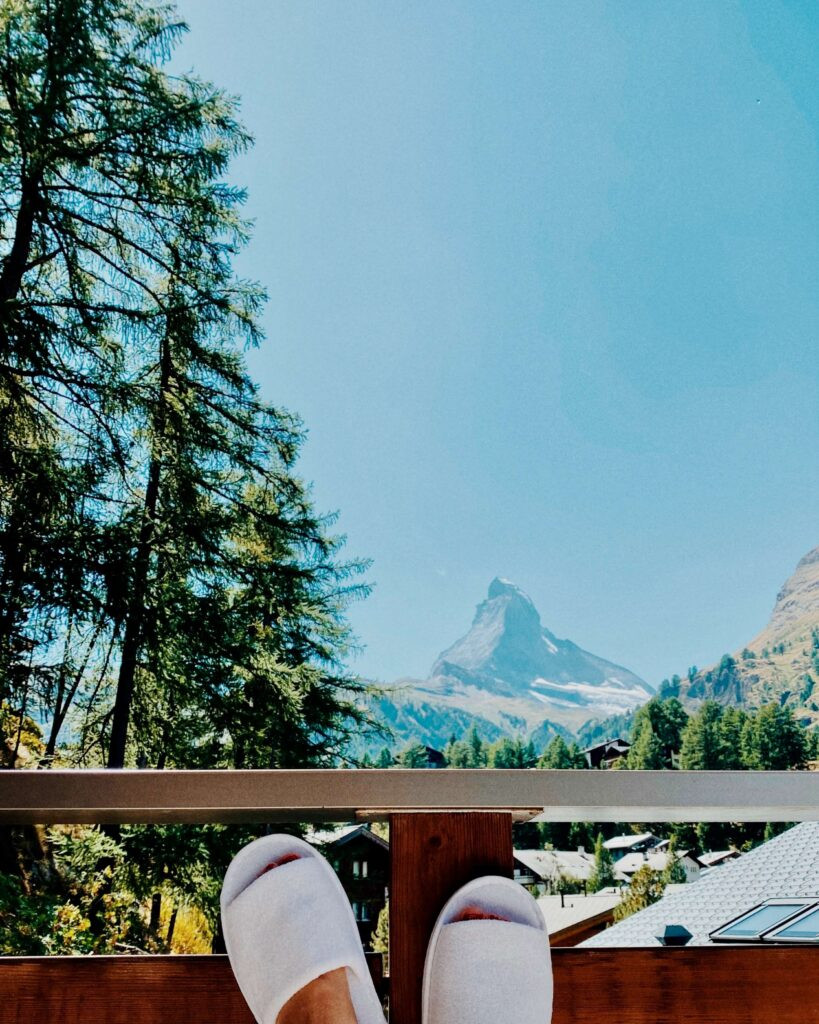 A view of the Matterhorn in summer from the Jagerhof hotel in Zermatt 